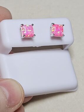 Soft Pink Natural Opal Square Stud Earrings Sterling Silver